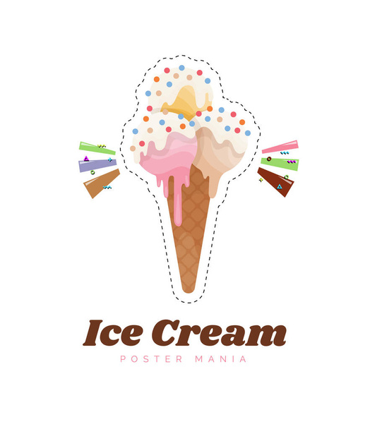 Pegatina de helado o placa. Color postre de helado de vainilla. Dulces de niños. Lindo helado cono de dibujos animados vector ilustración - Vector, Imagen