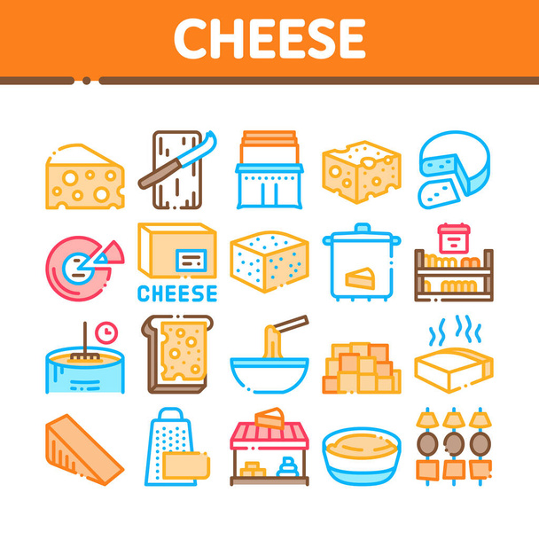 チーズデイリーフードコレクションのアイコンセットベクトル。チーズオンスライスパンサンドイッチ朝食とミルキー製品ピース、グラター&カットボードコンセプトリニアピクトグラム。カラーイラスト - ベクター画像