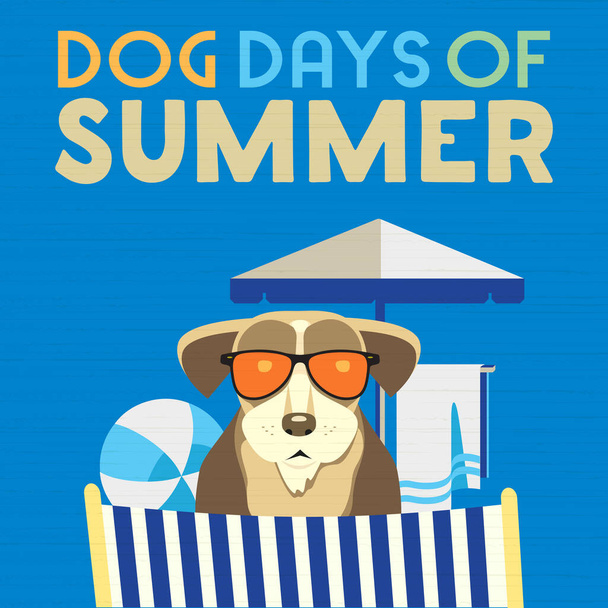 Dog days of Summer Time for adventure. Cute comic cartoon. Colorful humor retro style. Canine in sunglasses enjoy beach leisure relax. Summertime vacation journey. Vector banner background template - Vektori, kuva