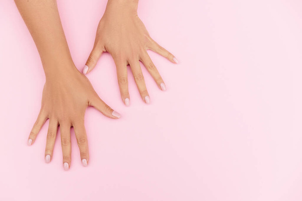 Tender hands with perfect blue and pink manicure on trendy pastel pink background. Place for text - 写真・画像