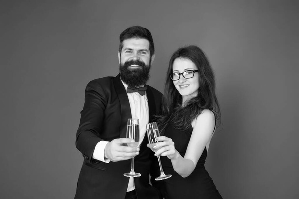 Chin chin. Happy family celebrate birthday anniversary. Couple in love enjoy party. Champagne party. Valentines party. Happy party celebration - Foto, Imagem