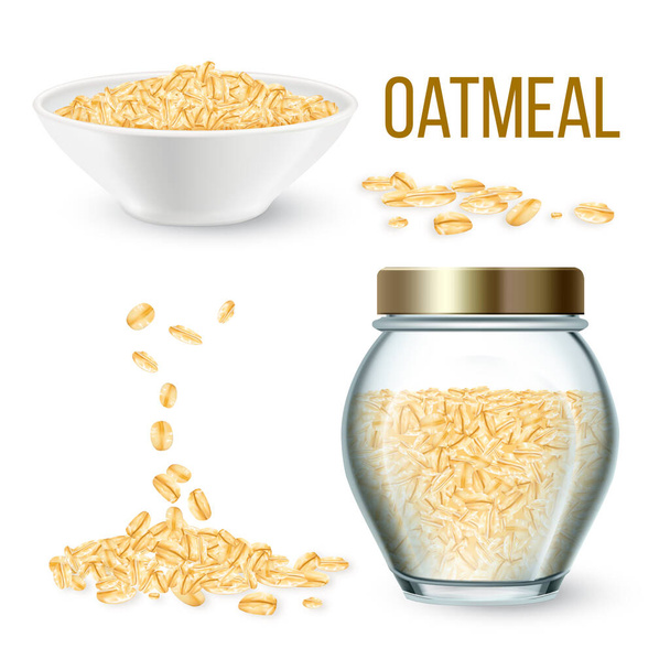 Oatmeal Vegetarian Cereal Porridge Set Vector. Oatmeal In Dish And Glass Bottle. Natural Organic Falling Flakes And Heap Ingredient For Cooking Baked Food Template Realistic 3d Illustrations - Vector, Image