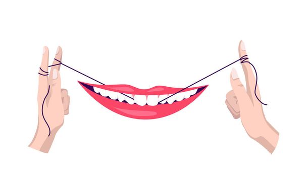 きれいな歯だ。デンタルフロス。歯のための衛生フロスを使用してください。口腔医療の概念。口と歯の衛生 - ベクター画像