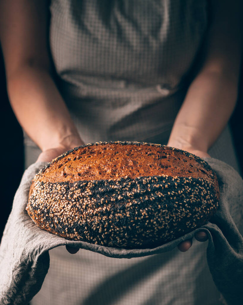 Female hands holding loaf of homemade rye bread with sesame and poppy seeds on towel. Concept for bakery poster or cover - Φωτογραφία, εικόνα