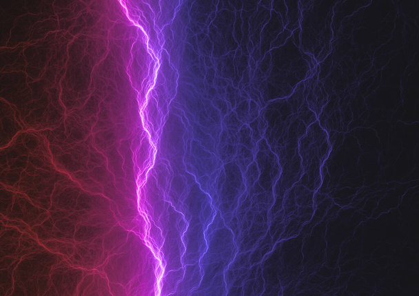 Donkerblauwe en paarse bliksem, abstracte elektrische achtergrond - Foto, afbeelding