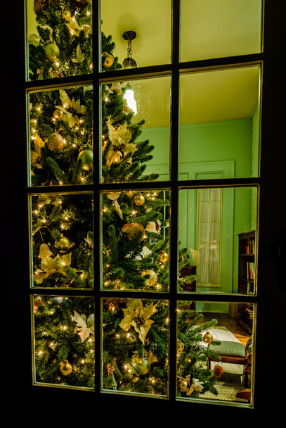 Weihnachtsbaum im Wohnzimmer schaut durch ein Fenster - Foto, Bild