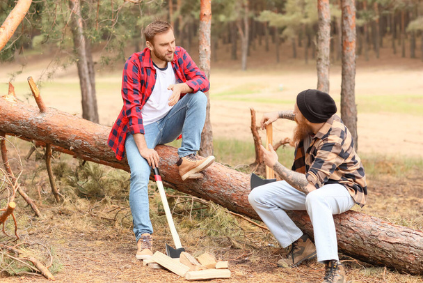 Handsome lumberjacks cutting down trees in forest - Foto, Imagem
