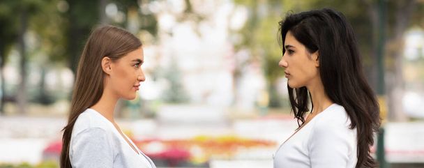 Dvě dívky mají konfrontaci stojí venku v parku, Panorama - Fotografie, Obrázek
