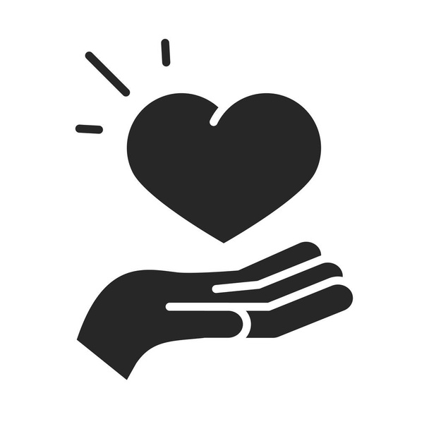 donatie liefdadigheid vrijwilliger helpen sociaal hart in de hand silhouet stijl pictogram - Vector, afbeelding