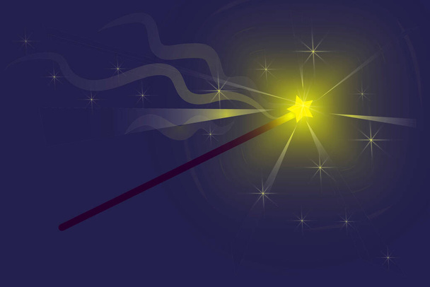 Varinha mágica num fundo azul. Imagem vetorial de um pau com uma estrela brilhante
.  - Vetor, Imagem