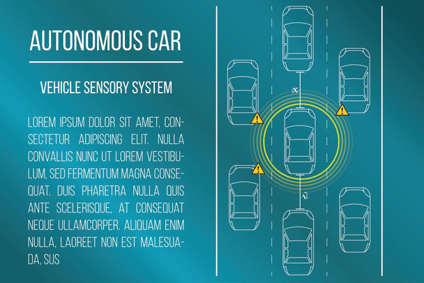 Concepto de vehículos autónomos. Vehículos equipados con un sistema sensorial para la detección de colisiones en carretera
. - Vector, Imagen