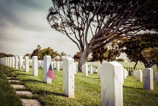 Banderas sobre tumbas en un cementerio del sur de California
. - Foto, Imagen