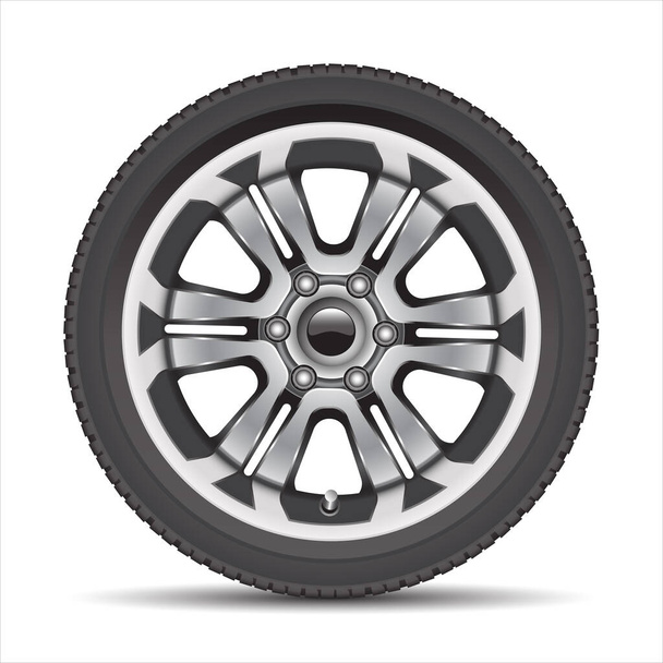 Realistic car wheel alloy with black rubber on white background vector illustration. - Vector, Image