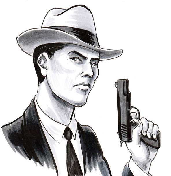 Gangster con una pistola. Inchiostro disegno in bianco e nero
 - Foto, immagini