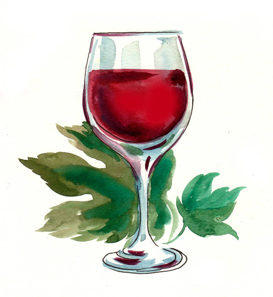 Egy pohár vörösbor és szőlőlevél. Tinta és akvarell rajz - Fotó, kép
