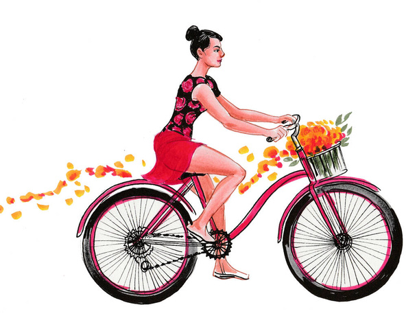 Ένα όμορφο κορίτσι να κάνει ποδήλατο με ένα καλάθι λουλούδια. Σχέδιο μελανιού και ακουαρέλας - Φωτογραφία, εικόνα