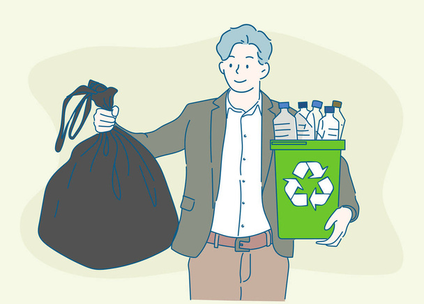 Een jongeman met een vuilniszak en een prullenbak vol plastic flessen. Duurzaamheidsconcept. Hand getekend in dunne lijn stijl, vector illustraties. - Vector, afbeelding