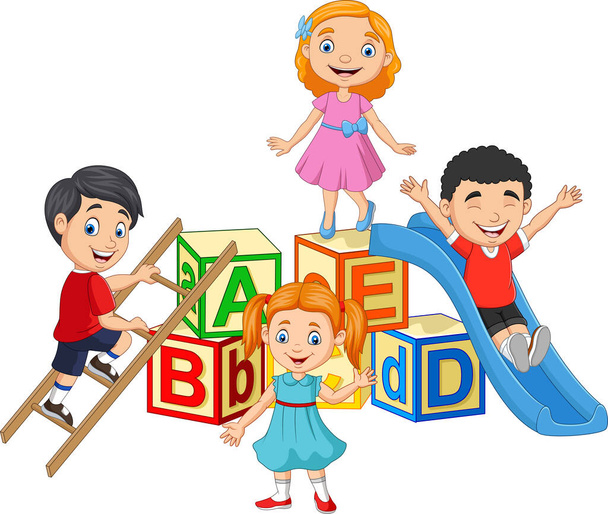 Ilustración vectorial de dibujos animados niños felices con bloques de alfabeto
 - Vector, Imagen