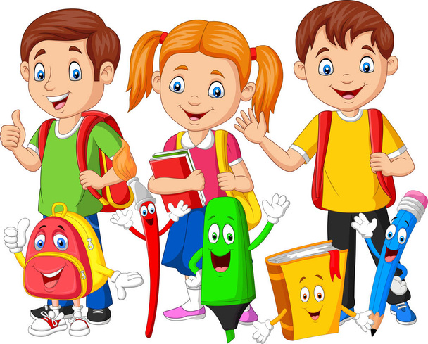 Vector illustratie van cartoon gelukkige schoolkinderen met schoolspullen - Vector, afbeelding