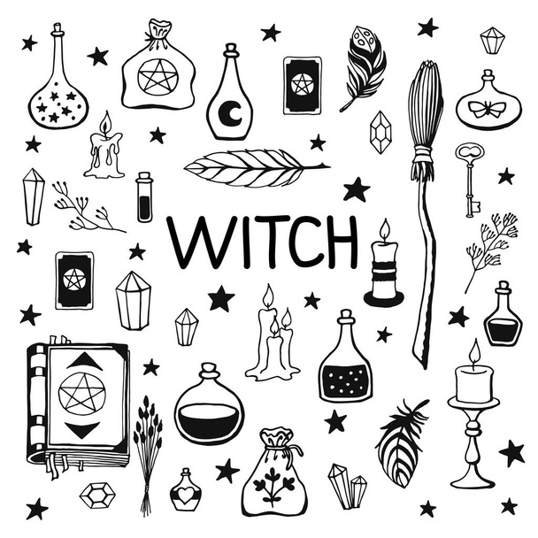 Witchcraft, magic background for witches and wizards. Vector vintage collection. Hand drawn magic tools, concept of witchcraft. Drawn magic tools: book, candles, potions, broom, crystals, cauldron. - Vector, Image