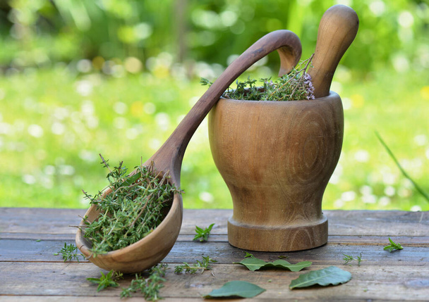 erva aromática em uma argamassa de madeira e colher em uma mesa no jardim
 - Foto, Imagem