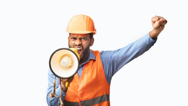 Emotional African Builder Shouting In Megaphone Over White Background, Panorama - Фото, зображення
