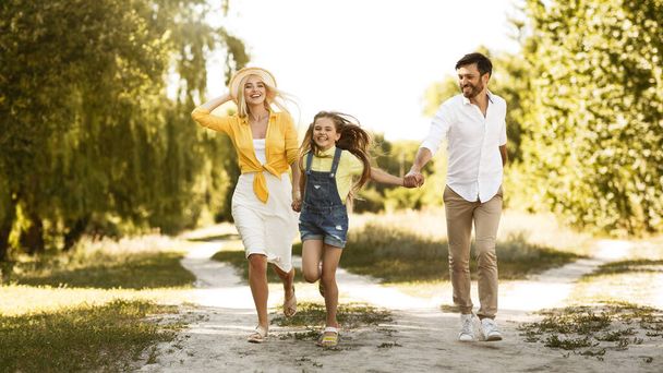 田舎の晴れた日の屋外で走る楽しい家族パノラマ - 写真・画像