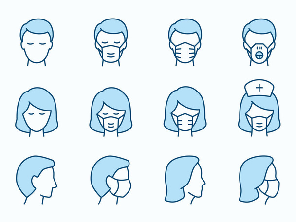 Man and Woman in medical mask icons. Vector illustration isolated on white. Editable stroke. - Vector, Image