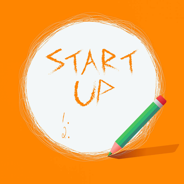 Escribiendo nota mostrando Start Up. Exhibición de fotos de negocios en el proceso inicial de establecer y desarrollar un nuevo negocio Escribir líneas circulares usando lápiz Círculo sólido blanco
. - Foto, imagen