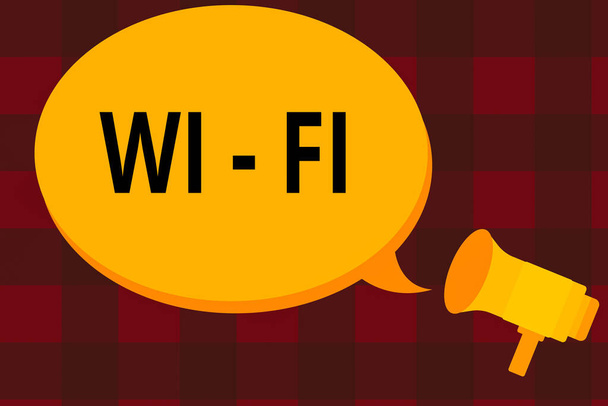 Signo de texto que muestra Wi fi. Foto conceptual que proporciona conexión inalámbrica a Internet de alta velocidad y conexiones de red Megáfono hacer un anuncio Mensaje de retransmisión Vacío Globo de voz en blanco
. - Foto, Imagen
