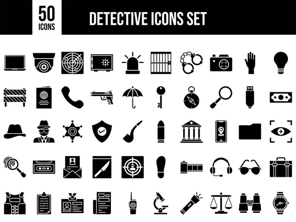Set of 50 Detective Icon in Black and White Color. - Vector, Image