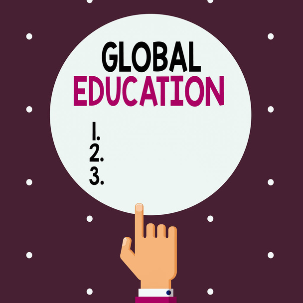 Word writing text Global Education. Business concept for interdisciplinary approach to learning concepts necessary Male Hu analysis Hand Pointing up Index finger Touching Solid Color Circle. - Photo, Image