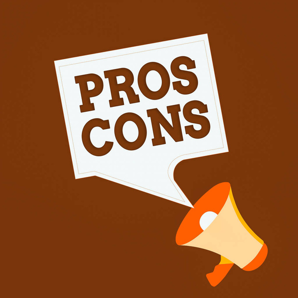 Conceptual hand writing showing Pros Cons. Business photo text advantages and disadvantages observed while examining a product Megaphone and Blank Square Speech Bubble Public Announcement. - Photo, Image