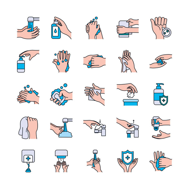 антибактеріальний дозатор та набір іконок для миття рук, стиль лінії та заповнення
 - Вектор, зображення