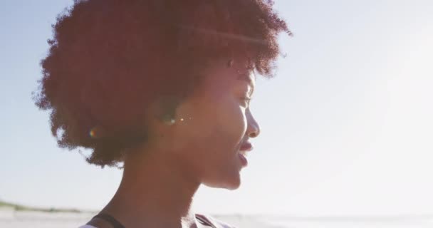 Portrait of a African American attractive woman enjoying exercising on a beach on a sunny day, practicing yoga, looking away - Кадри, відео
