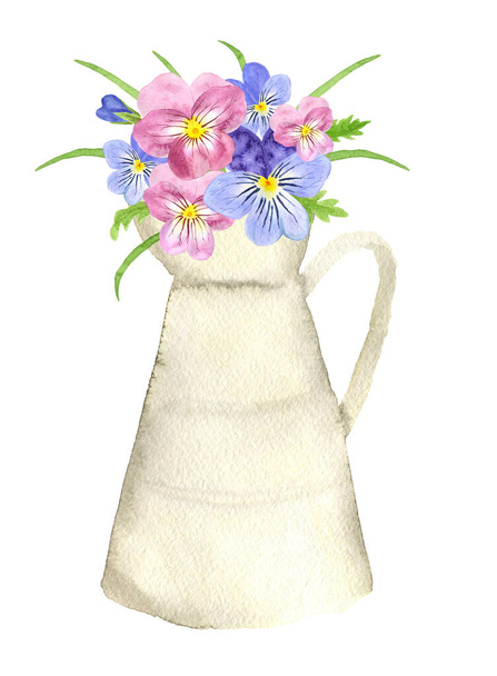 jug watercolor cream color. Summer bouquet of delicate flowers. Viola flowers in a vessel for postcard or poster print, T-shirt. - Foto, Imagem