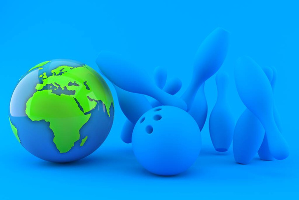 Bowling achtergrond met wereld bol in blauwe kleur. 3d illustratie - Foto, afbeelding
