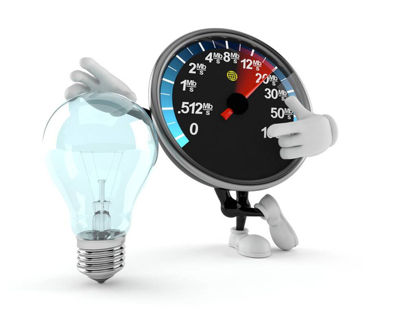 Network speed meter character with light bulb isolated on white background. 3d illustration - Photo, Image