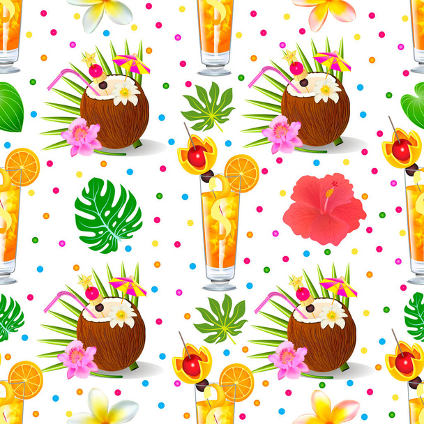 Illustration seamless background with tropical alcoholic cocktails and fruits. - Vector, Image