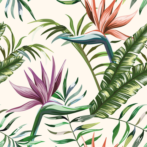 Beautiful multi colored exotic tropical flowers strelitzia and green palm, banana, fern leaves seamless vector pattern on white background. Beach summer trendy illustration. - Вектор, зображення