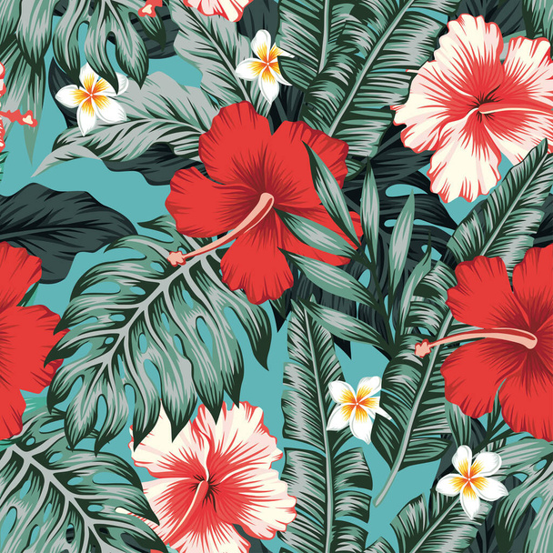 Beautiful red and white exotic tropical flowers Hibiscus, plumeria, frangipani and green palm, banana, fern leaves seamless vector pattern on blue background. Beach summer trendy illustration. - Vektori, kuva