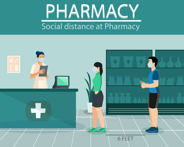 Social distance in New normal Concept, People men women and pharmacist wearing medical face mask live at Pharmacy. prevent pandemic of corona virus or COVID-19. Flat Vector illustration. - Vector, Image