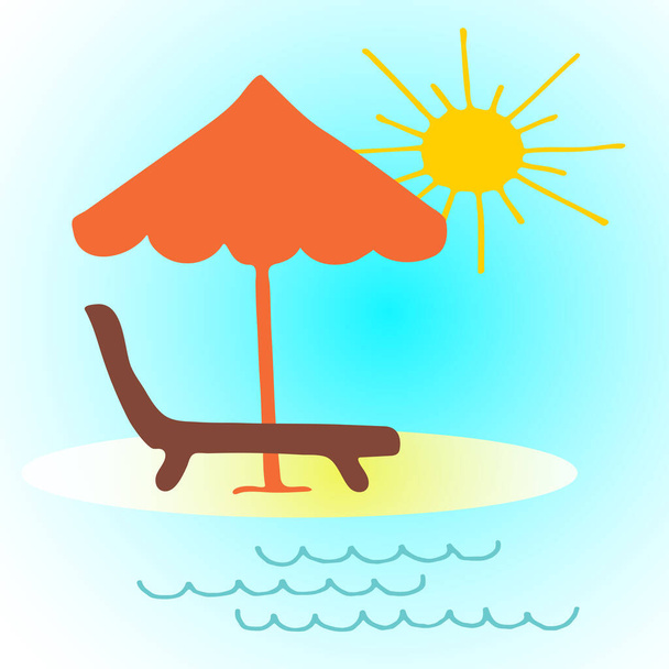 Strand szék esernyővel - napvédelem a strandon és a tengerparton. Utazás, turizmus és nyaralás embléma. Kézzel rajzolt illusztráció Doodle stílusban. Vektorillusztráció - Vektor, kép