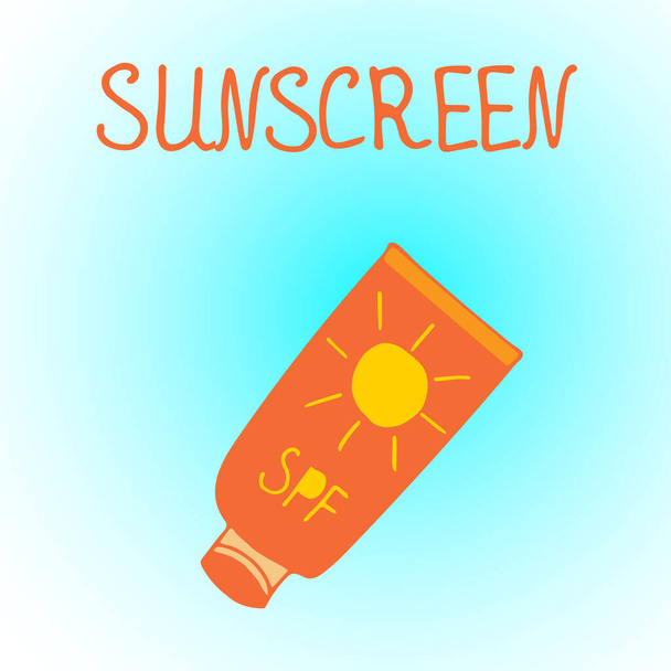 Cuidado de la piel. Protección solar en la playa y playa en verano. Icono de tubo crema protector solar. Ilustración dibujada a mano en estilo Doodle. Ilustración vectorial
 - Vector, imagen
