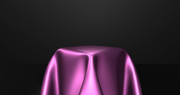 Üres pódium rózsaszín selyem ruhával borítva. 3D-s renderelés - Fotó, kép