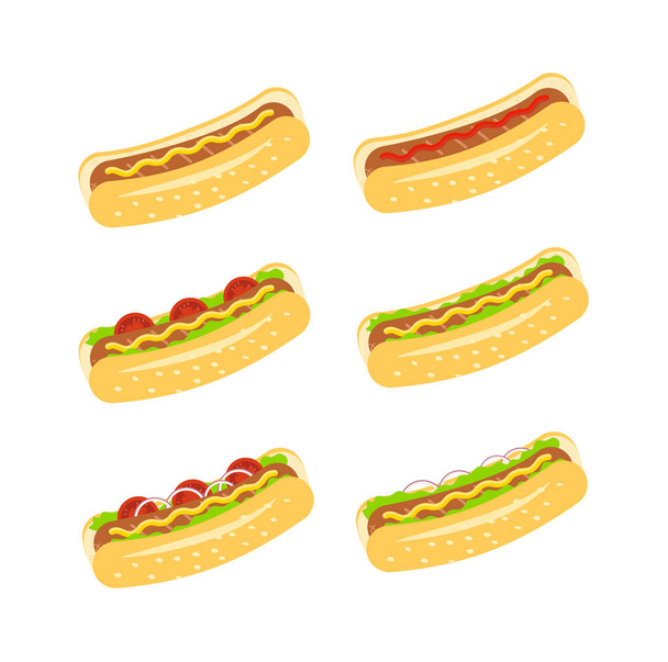 Набор хот-догов с салатом, огурцом, помидорами, луком, кетчупом или горчицей. Американский фаст-фуд. Плоская векторная иллюстрация
. - Вектор,изображение