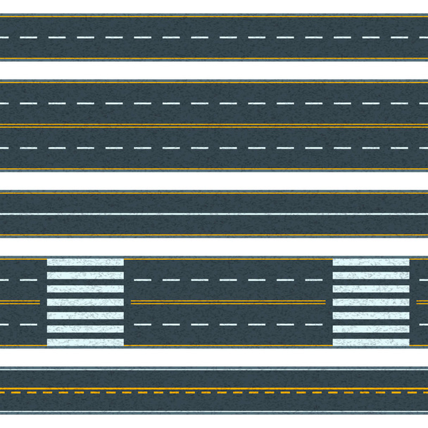 シームレスなベクトル道路の背景のセット。道路マーキングの異なるタイプのストレートアスファルト道路。白に隔離された高速道路のイラスト。道路交通と交通設計テンプレート. - ベクター画像