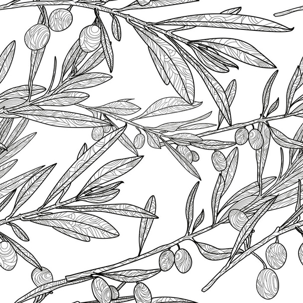 Векторная оливковая ветвь бесшовная модель. Черно-белый фон с рисованными вручную оливками. Дизайн для текстильной печати. Итальянская или греческая национальная кухня
. - Вектор,изображение
