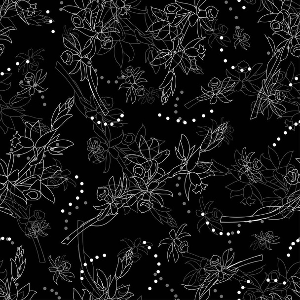 Vintage pattern white flowers on a black background. Lace. - Vector, Image
