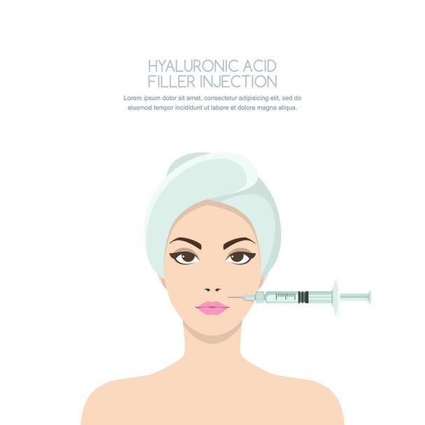 Cosmetology and beauty concept. Beautiful woman having rejuvenating injection against the wrinkles. Vector illustration of hyaluronic acid filler injections, botox, neurotoxin, mesotherapy procedures. - Vector, Image